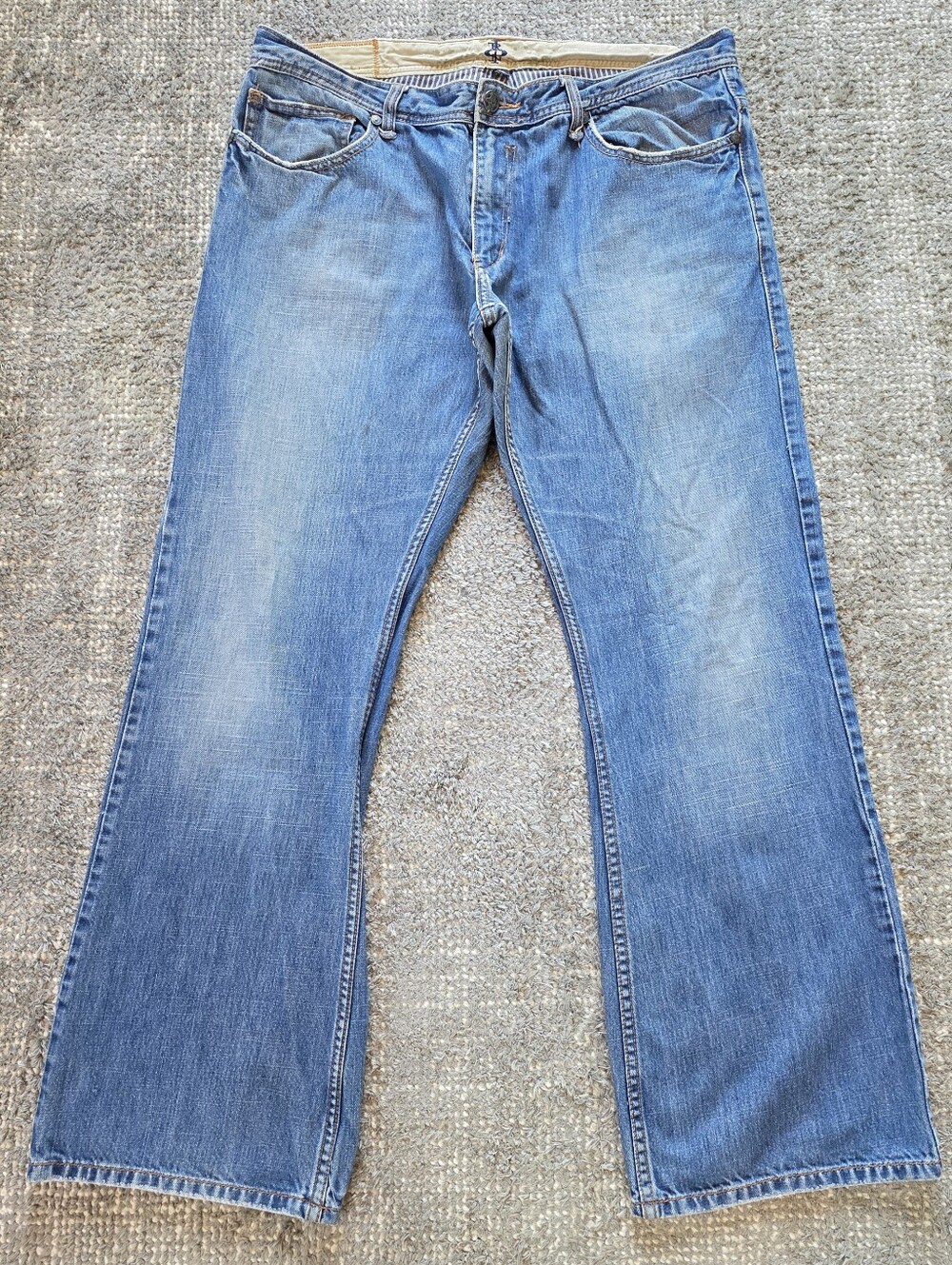Iron Jeans Mens 38x32 Bootcut Denim Jeans Y2K Hong Kong Blue Distressed